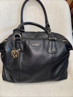 Furla Black Leather Satchel with Gold Accents EUC